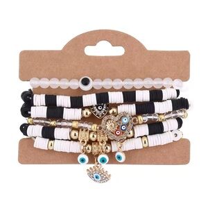 Black & White Beaded Amulet Evil Eye Bracelet Set with Gold Accents 6 pc New